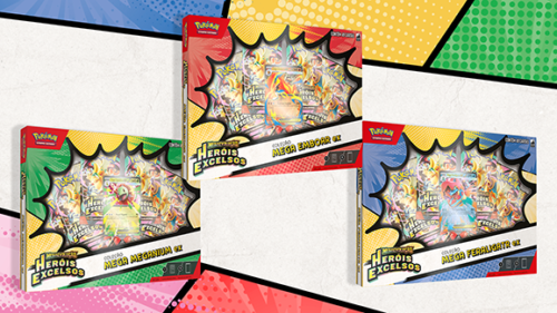 Coleções Mega Meganium ex, Mega Emboar ex e Mega Feraligatr ex de Megaevolução — Heróis Excelsos